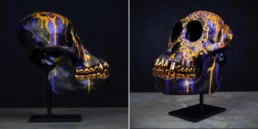 Sonny Skull Sculpture, hand-painted with gold teeth, created for his To The Bone Exhibition in New York 2018
