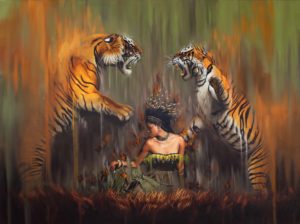 Oil painting of two tigers and a black girl by South African artist, Sonny