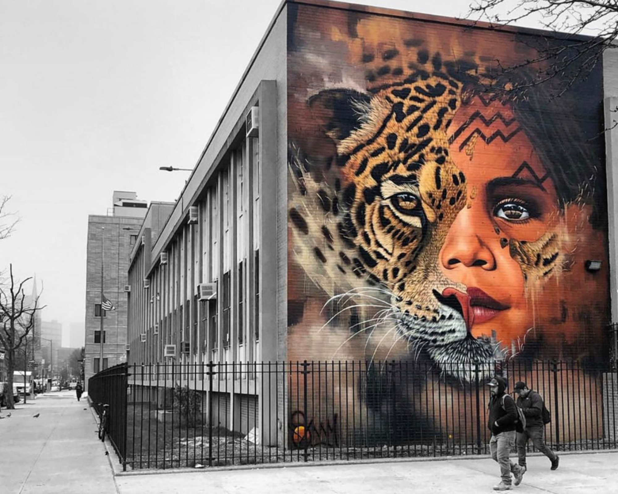 Sonny Street Art Mural of Amazonian Girl and Jaguar Face Painted in Williamsburg, Brooklyn New York as part of Climate Week 2018 in partnership with UNICEF and Greenpoint Innovations